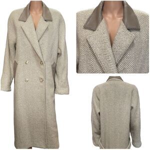 London Fog Tempo Europa Vintage Pure Wool Leather Collar Trench Coat Size 12